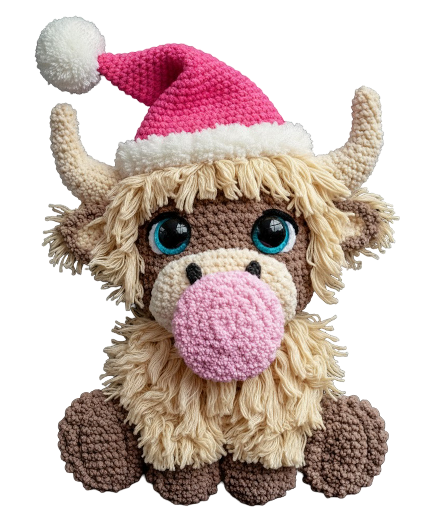 The Cute Crochet Highland Cow by DB Custom Creations features shaggy beige fur, big blue eyes, brown hooves, and a pink Santa hat with a white pom-pom.
