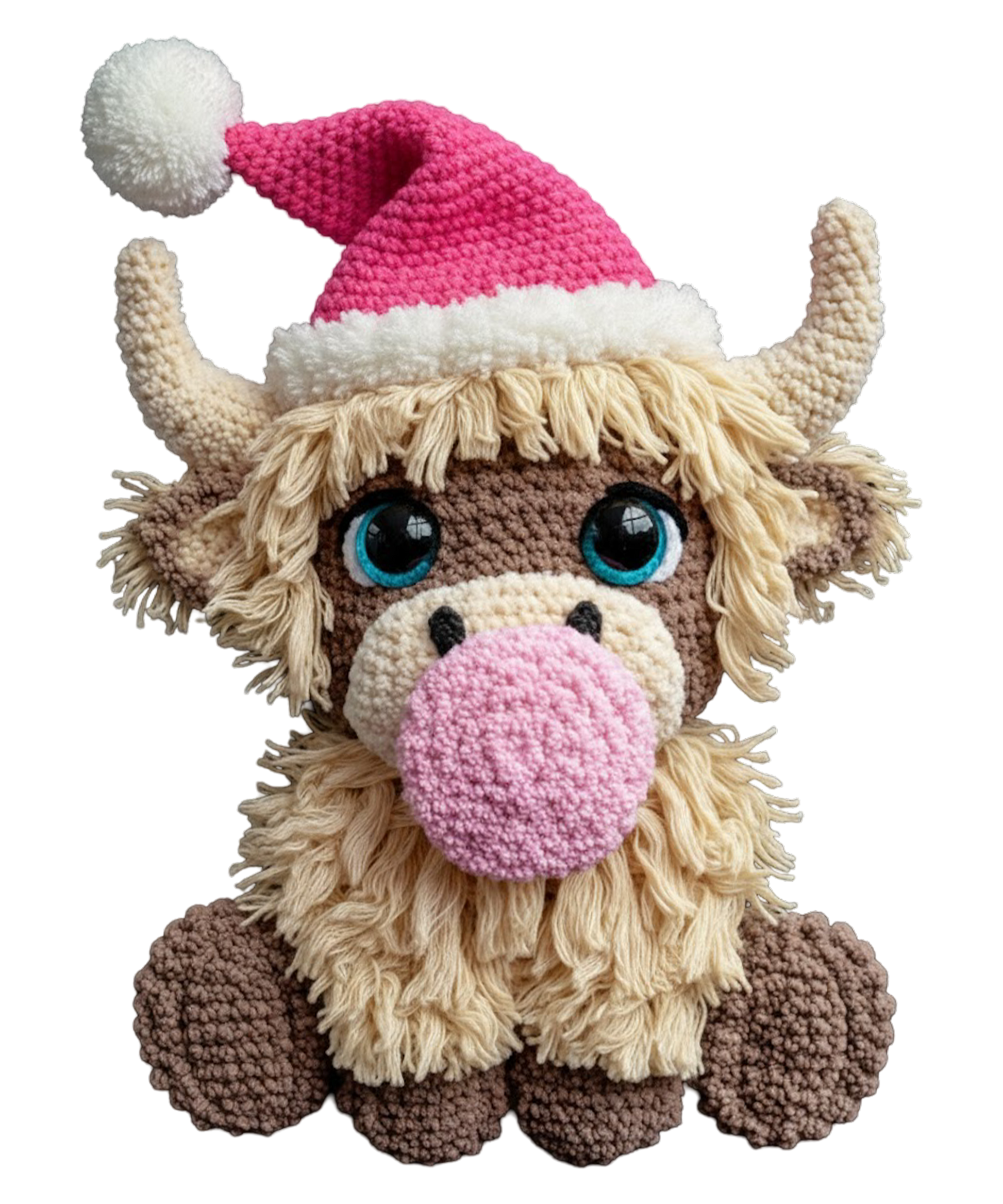 The Cute Crochet Highland Cow by DB Custom Creations features shaggy beige fur, big blue eyes, brown hooves, and a pink Santa hat with a white pom-pom.
