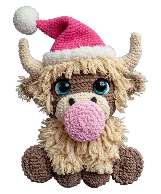 The Cute Crochet Highland Cow by DB Custom Creations features shaggy beige fur, big blue eyes, brown hooves, and a pink Santa hat with a white pom-pom.