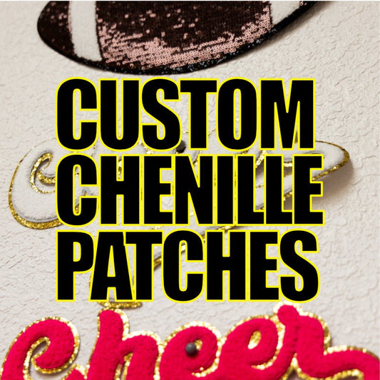 Bold yellow and black text reads Personalized Chenille Patch from DB Custom Creations over a display of textured patches—offering fast turnaround and no minimum order for your custom chenille patches.