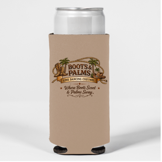 A slim can in a tan DB Custom Creations cooler with palm trees and cowboy boots logo. Text: “Boots & Palms Line Dancing Cozumel. Where Boots Scoot & Palms Sway.” Features 24HR WRIST BANDS.