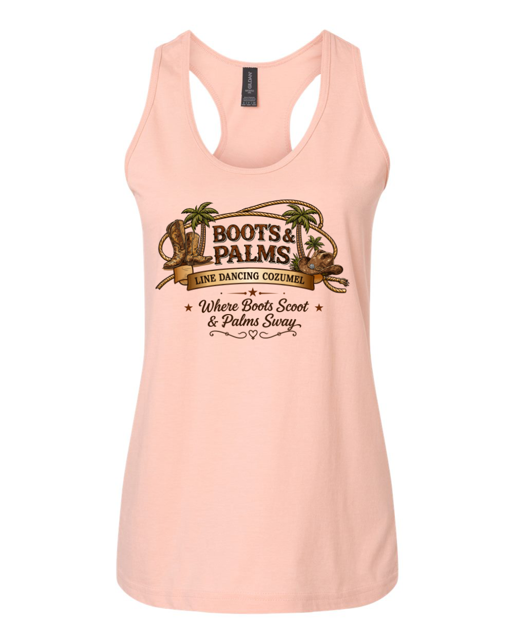 The DB Custom Creations Ladies Gildan 67200L Boots and Palms tank features a light pink softstyle cotton, high stitch density, and a Cozumel logo with palm trees, western boots, and "Where Boots Scoot & Palms Sway" on the front.