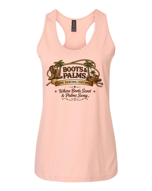 The Gildan 67200L Boots and Palms tank by DB Custom Creations is a light pink racerback featuring palm trees, cowboy boots, and "Where Boots Scoot & Palms Sway" with the Boots & Palms Line Dancing Cozumel logo.