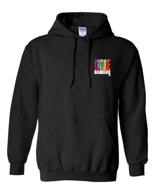 The Gildan Black Hoodie 18500 by DB Custom Creations is a unisex heavy blend sweatshirt featuring a small, colorful "LIFE" above "DANGEROUS" graphic on the left chest with bold red, green, and yellow accents.