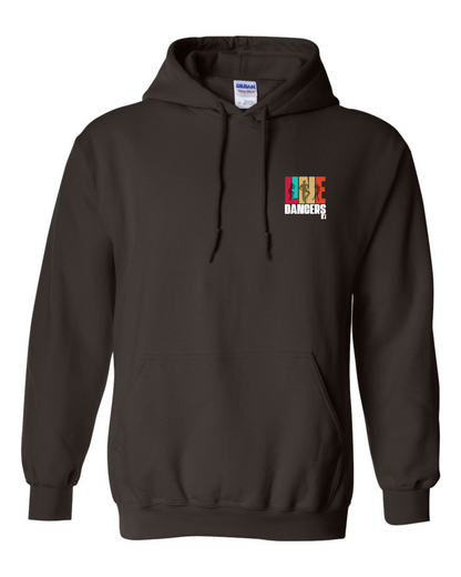 The Gildan Brown Hoodie 18500 by DB Custom Creations is a unisex heavy blend sweatshirt with a front pocket, drawstrings, and a small colorful LIFE graphic plus the words DANGERS EX on the left chest.