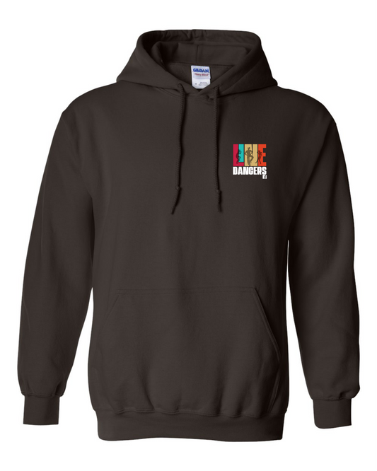 The Gildan Green Hoodie 18500 by DB Custom Creations is a unisex heavy blend hoodie with a colorful LIFE graphic and DANGEROUS RX text on the chest, plus front pocket and drawstrings for comfort and standout style.