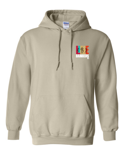 The Gildan Sand Hoodie 18500 by DB Custom Creations is a beige unisex hoodie with a LIFE DANGERS graphic—four colorful human silhouettes on the chest. This heavy blend sweatshirt offers both comfort and style for any occasion.