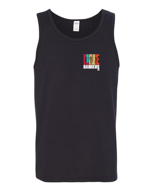 The Gildan Black Tank Top from DB Custom Creations is a unisex, 100% cotton tank with a small, colorful "Line Dancers" graphic and an illustrated human figure on the left chest for all-day comfort.