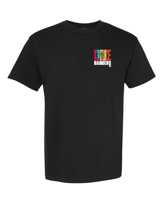 The Gildan Black 64000 Line Dancers T-shirt by DB Custom Creations features a small, colorful "LIFE DANGERS" graphic with a partial lion face on the left chest and is made from soft ringspun cotton for comfort.