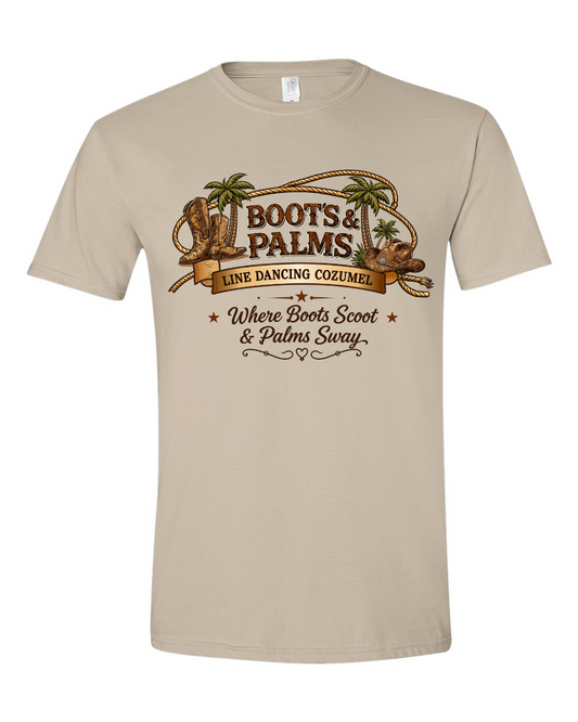 The Gildan 64000 Boots and Palm t-shirt by DB Custom Creations is beige ringspun cotton, featuring cowboy boots, palm trees, a lasso graphic, and the text: "Boots & Palms Line Dancing Cozumel - Where Boots Scoot & Palms Sway.