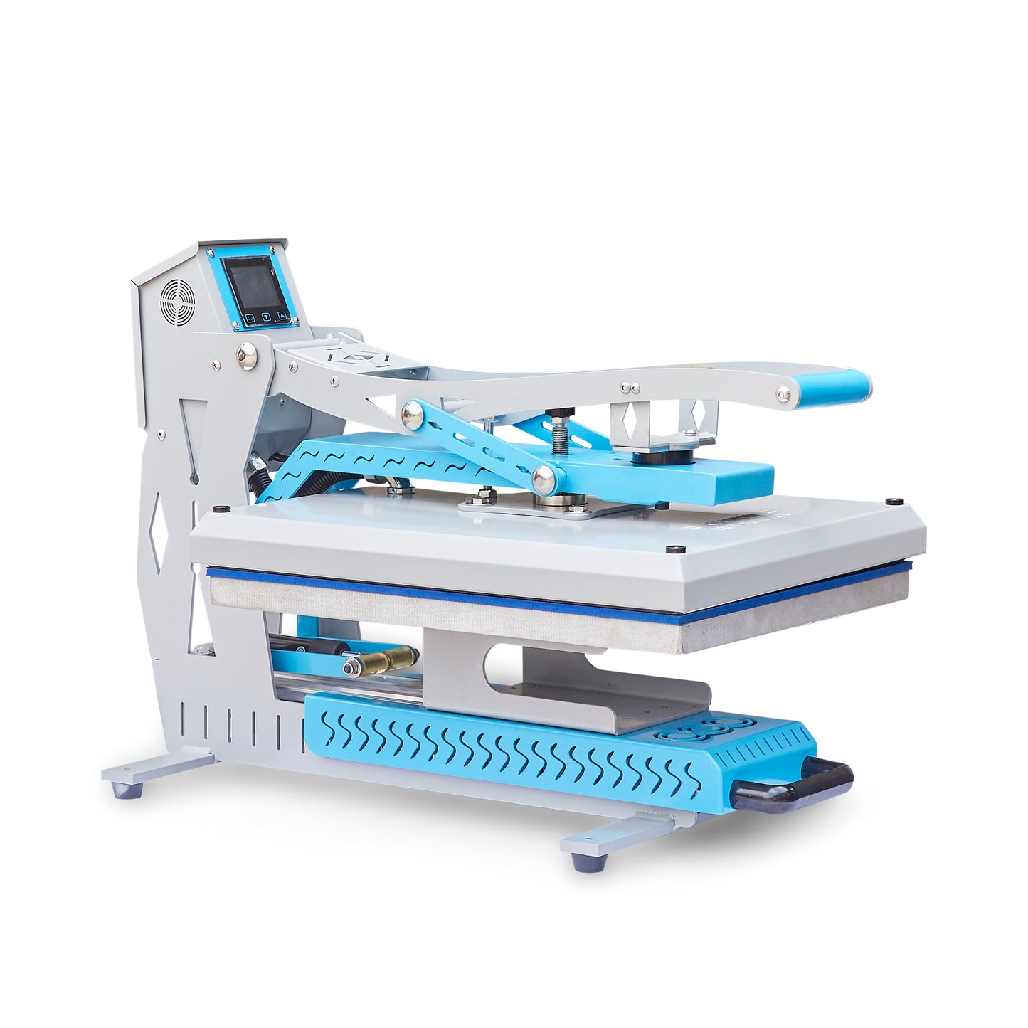 The DB Custom Creations 16X24 Heat Press features a digital display, blue and white design, and non-stick heating plate for smooth fabric transfers. Achieve perfect results every time with precise temperature control.