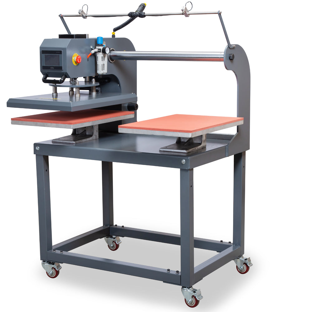The DB Custom Creations Semi-Automatic 16x24 Inch Pneumatic Double Stations Heat Press Machine features dual flat surfaces, a digital control panel, and a wheeled metal frame for efficient T-shirt heat transfer printing.