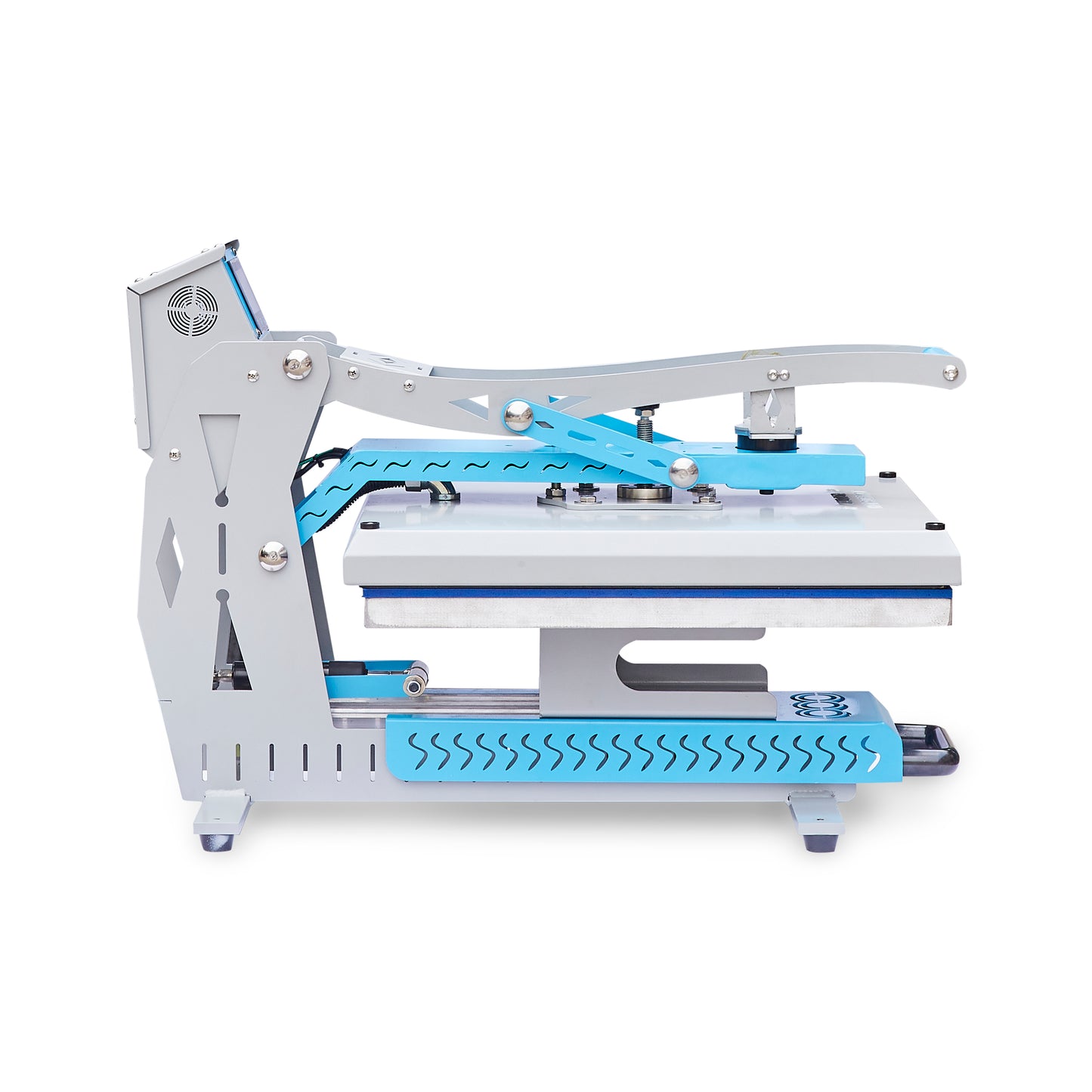 Side view of the DB Custom Creations 16X24 Heat Press with a blue and silver metal frame, precise temperature control, a long handle for easy use, and a flat non-stick heating plate for textile design transfers.
