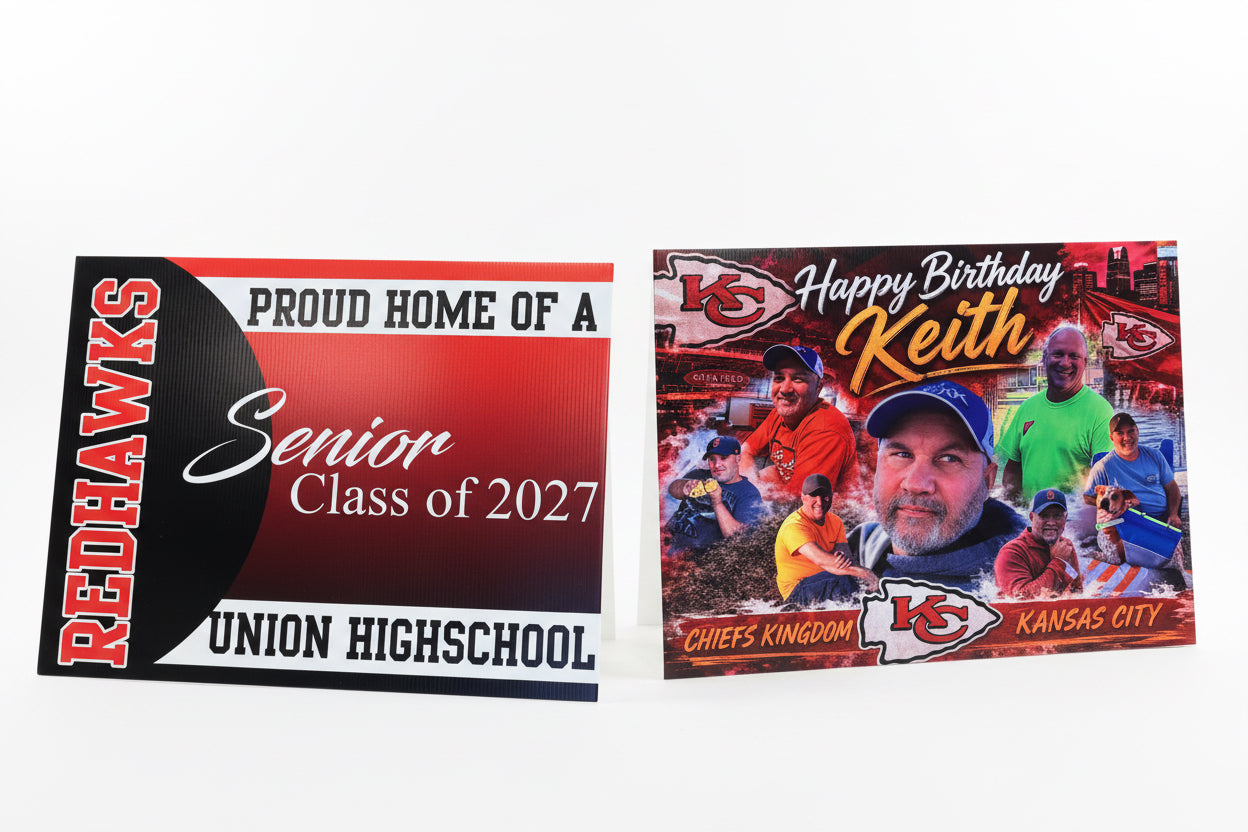 Two vibrant Custom Yard Signs 24 x 18 from DB Custom Creations are displayed on the floor: one celebrates Union High School’s Senior Class of 2027, and the other features birthday wishes for Keith, adorned with Kansas City Chiefs logos and photos of people.
