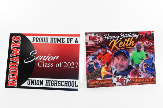 Two vibrant Custom Yard Signs 24 x 18 from DB Custom Creations are displayed on the floor: one celebrates Union High School’s Senior Class of 2027, and the other features birthday wishes for Keith, adorned with Kansas City Chiefs logos and photos of people.
