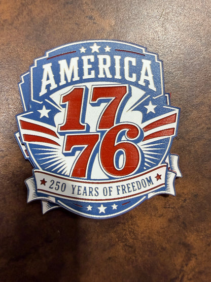 The America 1776 Acrylic Patch by DB Custom Creations features bold "America 1776" text, red, white, and blue stars and stripes, and a "250 Years of Freedom" banner on a textured brown background.