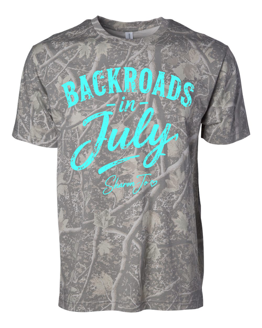 A gray camouflage "Camo Teal Back Roads" t-shirt by DB Custom Creations features light blue text, "Backroads in July" and "Shawn Jo," with a heart underneath.