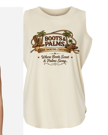 The DB Custom Creations Ladies LAT-3592 Boots and Palms tank is a cream, sleeveless women’s top made from combed ring-spun cotton. It features boots, palm trees, a lasso, and the text: "Boots & Palms, Line Dancing Cozumel.