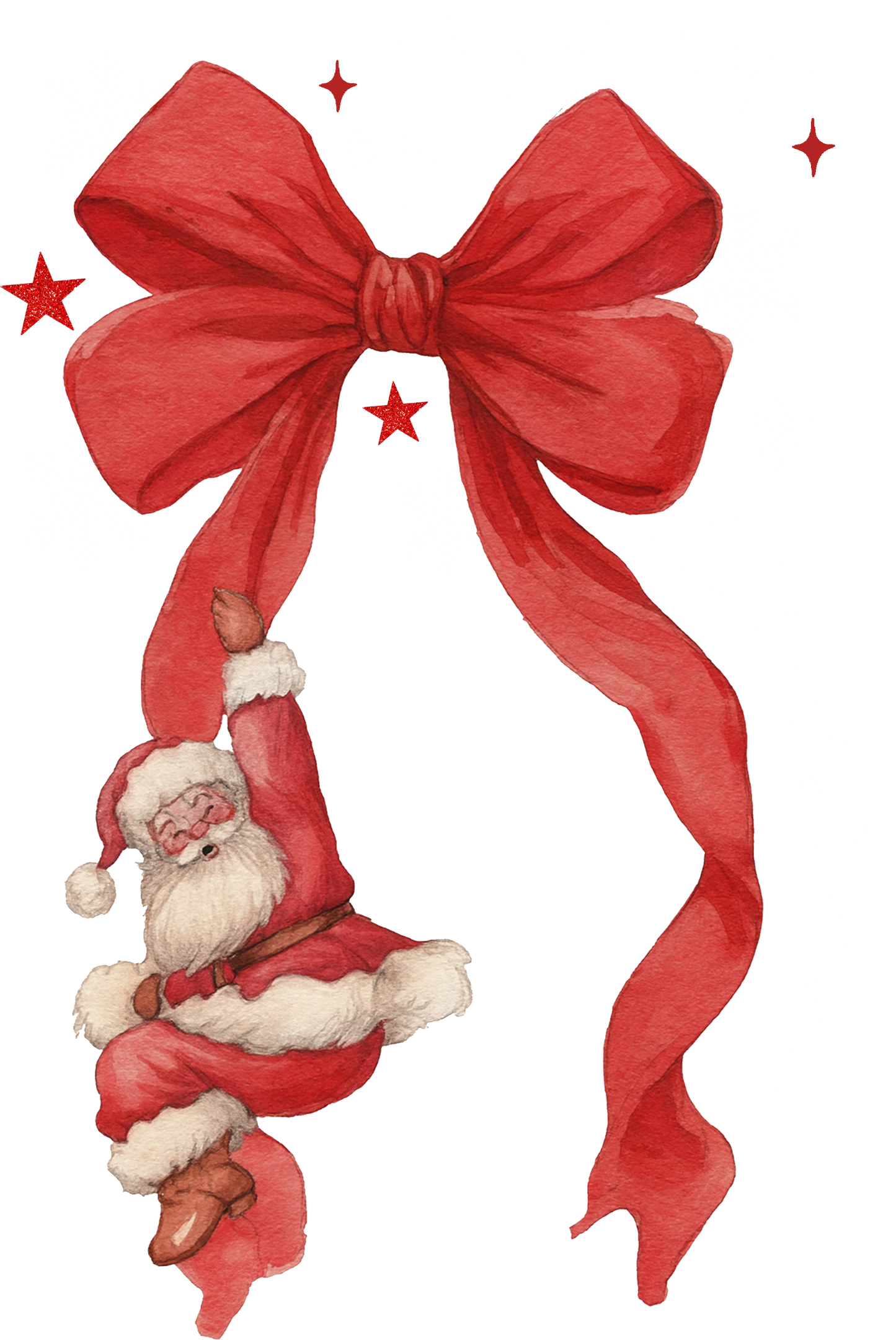 A watercolor illustration from DB Custom Creations shows Box with Santa playfully hanging from a red bow, surrounded by stars and snowflakes, with “Merry Christmas” written in white.