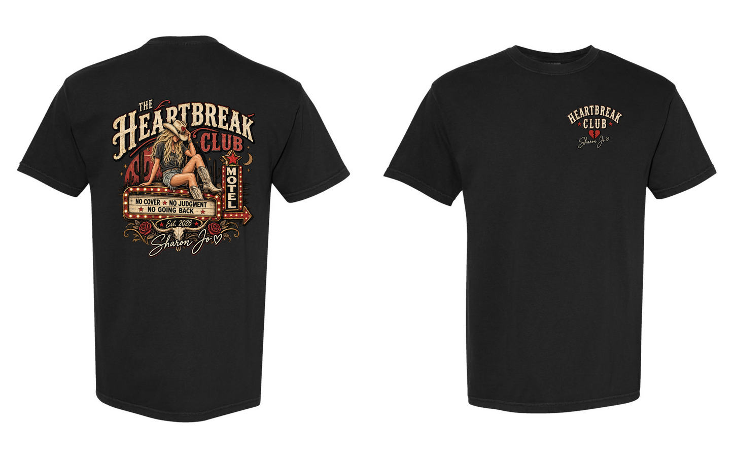 The Heartbreak Club T-shirt by DB Custom Creations is crafted from premium ring-spun cotton and styled in the classic Comfort Colors 1717 fit for lasting comfort and timeless appeal. The front features “Heartbreak Club” with a small heart, while the back showcases a retro motel sign, a woman sitting, and decorative text reading “The Heartbreak Club Motel” along with additional design details.