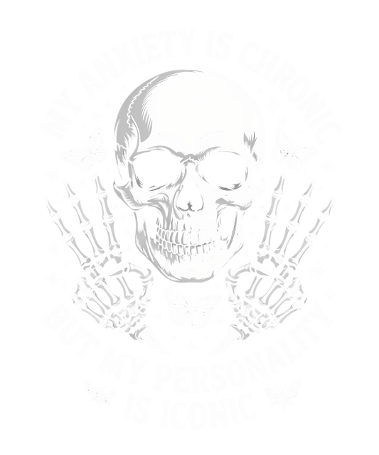 The Motherhood design by DB Custom Creations features a skull with skeleton hands, butterflies, sparkles, and My anxiety is chronic but my personality is iconic text on green—ideal for 11-inch or vibrant DTF transfer prints.