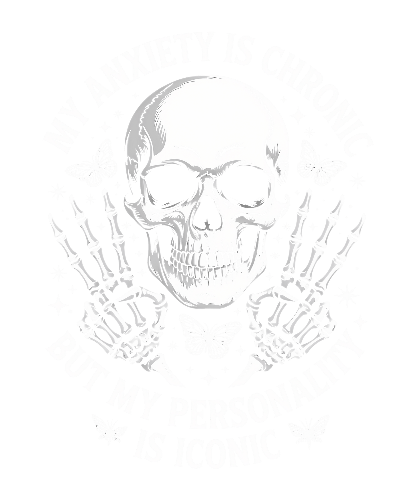 The Motherhood design by DB Custom Creations features a skull with skeleton hands, butterflies, sparkles, and My anxiety is chronic but my personality is iconic text on green—ideal for 11-inch or vibrant DTF transfer prints.