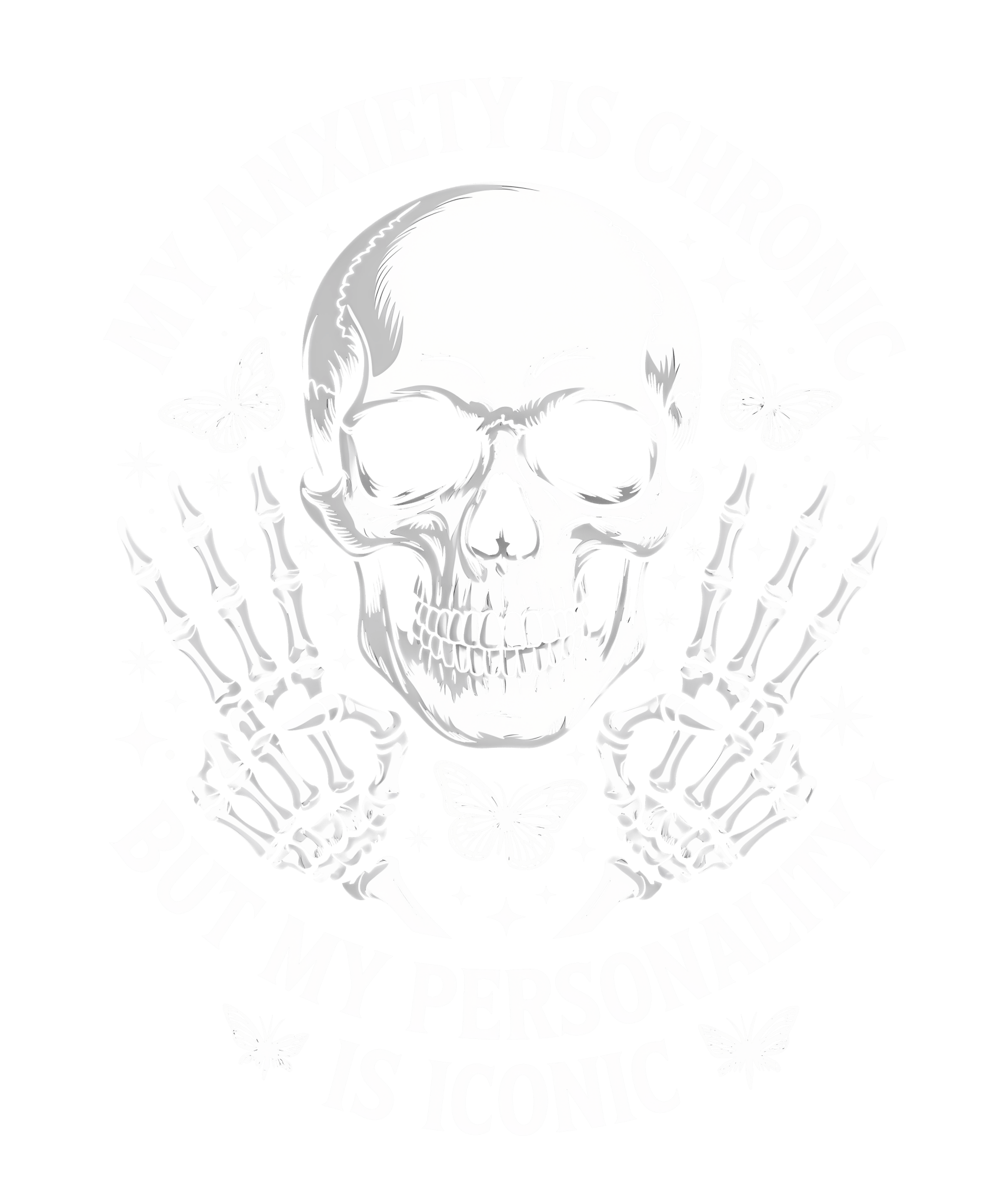 The Motherhood design by DB Custom Creations features a skull with skeleton hands, butterflies, sparkles, and My anxiety is chronic but my personality is iconic text on green—ideal for 11-inch or vibrant DTF transfer prints.