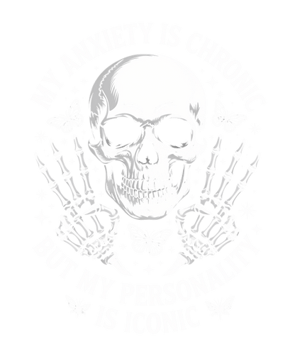 The Motherhood design by DB Custom Creations features a skull with skeleton hands, butterflies, sparkles, and My anxiety is chronic but my personality is iconic text on green—ideal for 11-inch or vibrant DTF transfer prints.