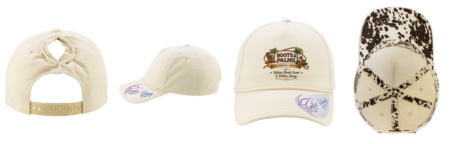 Four views of the cream Ladies Five-Panel Rope Cap - MAYA by DB Custom Creations. The front shows a “Boots & Palms” logo; the back has a ponytail hole and adjustable strap. One view displays the brown and white patterned lining.