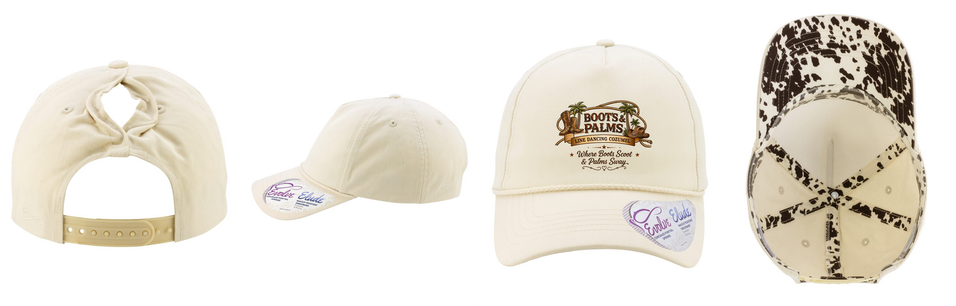 Four views of the cream Ladies Five-Panel Rope Cap - MAYA by DB Custom Creations. The front shows a “Boots & Palms” logo; the back has a ponytail hole and adjustable strap. One view displays the brown and white patterned lining.
