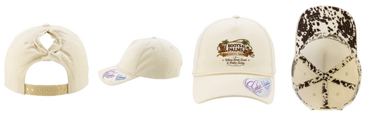 Four views of the cream Ladies Five-Panel Rope Cap - MAYA by DB Custom Creations. The front shows a “Boots & Palms” logo; the back has a ponytail hole and adjustable strap. One view displays the brown and white patterned lining.