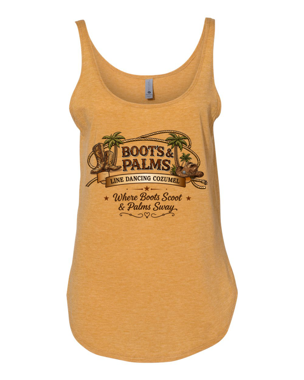 The Ladies Next Level Festival Tank by DB Custom Creations is a yellow women's top with a scoop neckline and curved hem, featuring "Boots & Palms Line Dancing Cozumel, Where Boots Scoot & Palms Sway" and boots, hat, and palm trees on the front.