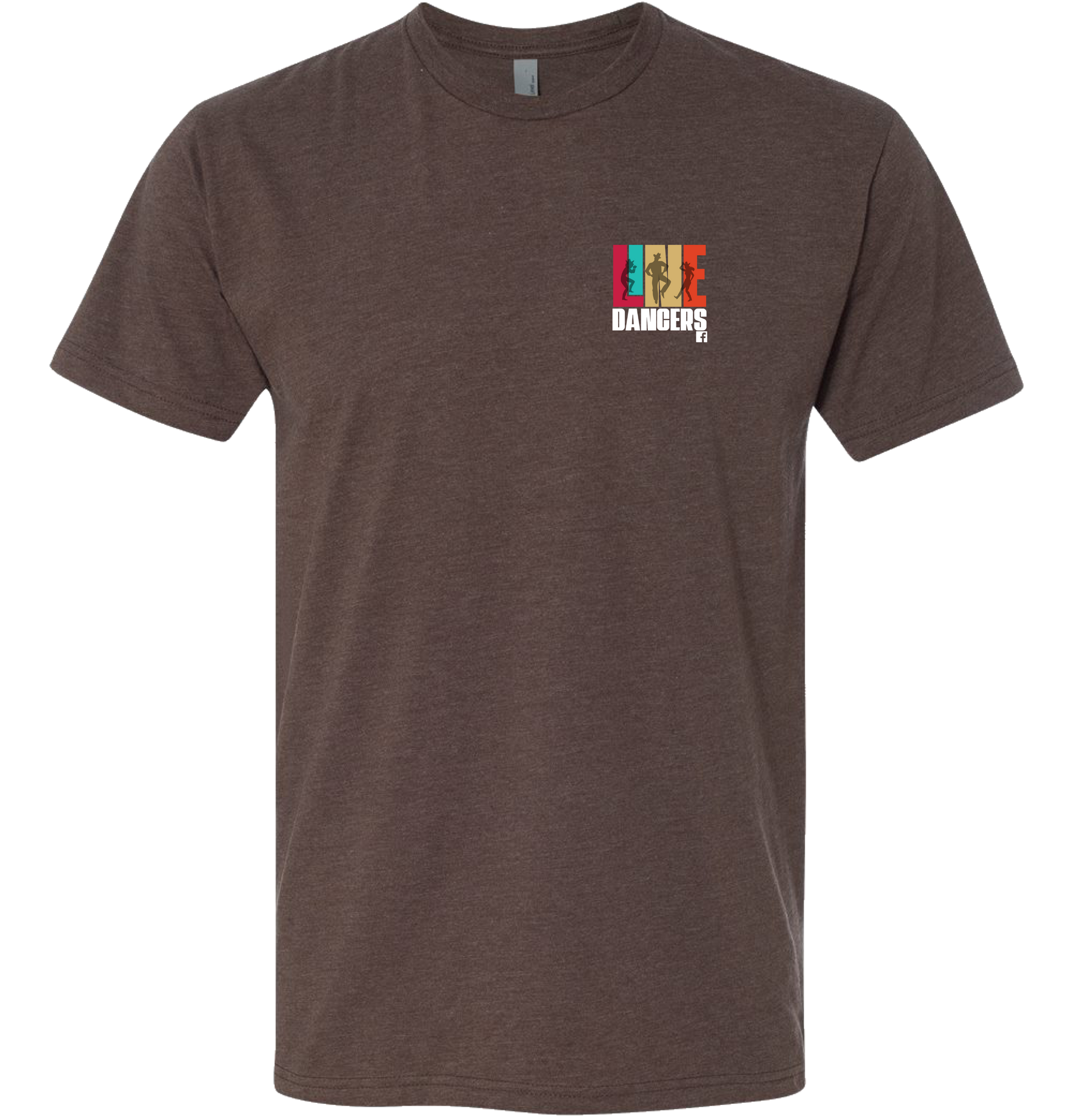 The DB Custom Creations Next Level 6210 Line Dancers is a brown short-sleeve tee made from soft combed ring-spun cotton, with “DANGERS” and four colorful abstract bars on the left chest for a modern look.