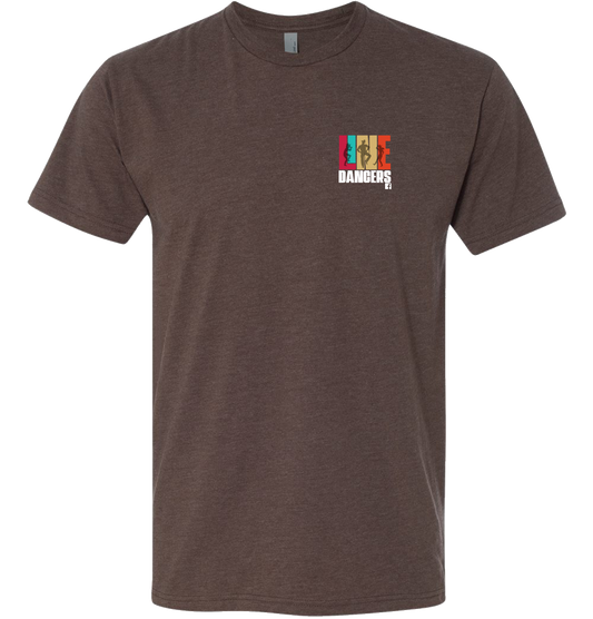The DB Custom Creations Next Level 6210 Line Dancers is a brown short-sleeve tee made from soft combed ring-spun cotton, with “DANGERS” and four colorful abstract bars on the left chest for a modern look.
