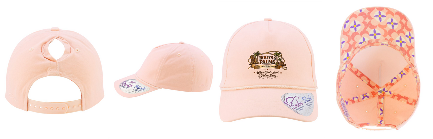 Four views of the Ladies Five-Panel Rope Cap - MAYA by DB Custom Creations: rear with concealed ponytail opening, side, front with Boots & Palms logo, and interior featuring makeup-resistant sweatband and patterned lining.