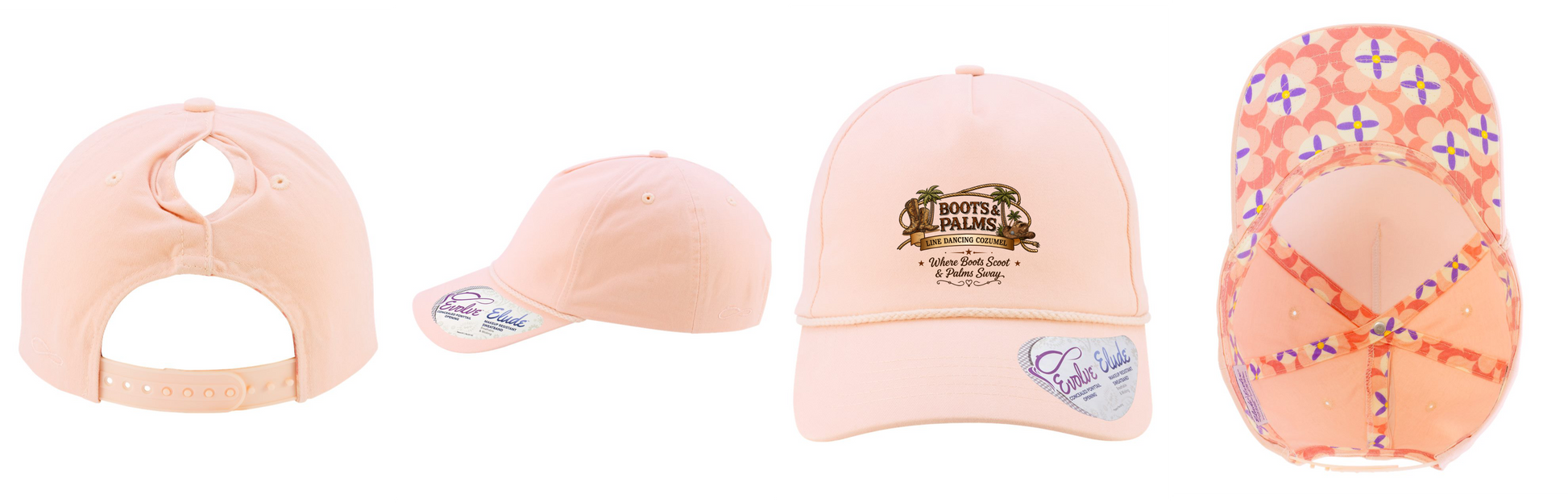 Four views of the Ladies Five-Panel Rope Cap - MAYA by DB Custom Creations: rear with concealed ponytail opening, side, front with Boots & Palms logo, and interior featuring makeup-resistant sweatband and patterned lining.