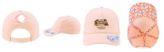 Four views of the Ladies Five-Panel Rope Cap - MAYA by DB Custom Creations: rear with concealed ponytail opening, side, front with Boots & Palms logo, and interior featuring makeup-resistant sweatband and patterned lining.