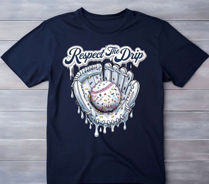 The Respect the Drip tee by DB Custom Creations is a navy blue shirt with a vibrant DTF print of a melting glove holding a sprinkle-covered baseball and “Respect The Drip” text above.