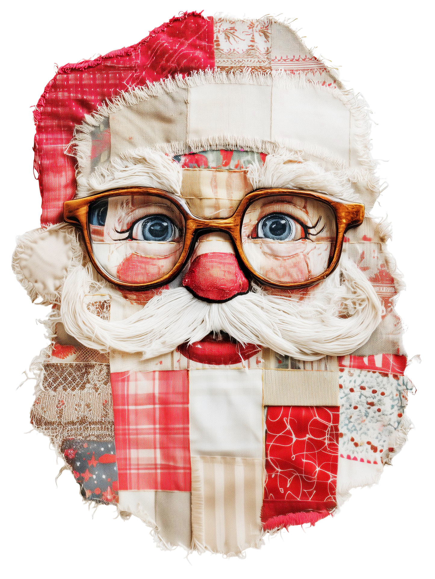 The Santa Patchwork by DB Custom Creations features a whimsical Santa face crafted from red, white, and beige fabrics, with large glasses, blue eyes, a white mustache, and a red nose on a white background.