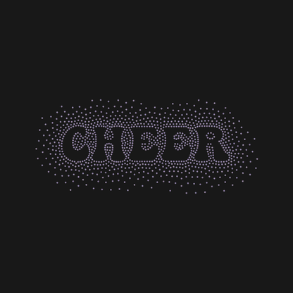 The DB Custom Creations Spangle Transfer - Simple Cheer (8 x 2) features the word CHEER in bold uppercase letters, surrounded by an even cloud of small dot spangles on a black background.