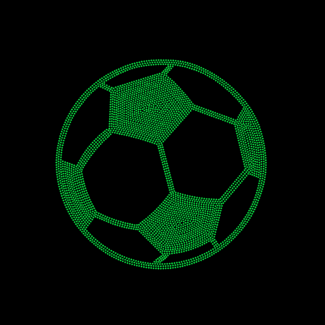 DB Custom Creations’ Spangle Transfer - Soccer (9 x 9) features a modern green soccer ball outlined with evenly spaced dots on a black background, all formed from bright green spangle transfers for a striking effect.