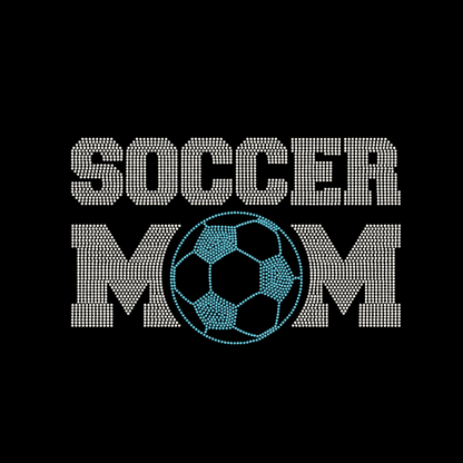 The Spangle Transfer - Soccer Mom (10 x 6) by DB Custom Creations features SOCCER MOM in bold dotted letters, with the O in MOM replaced by a blue and black soccer ball graphic, ideal for fabric patches on a black background.