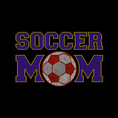 The DB Custom Creations Spangle Transfer - Soccer Mom - Colorful (10 x 6) features bold lettering with a red and white soccer ball as the O in MOM, outlined by small colored dots—ideal for vibrant fabric patches or transfers.