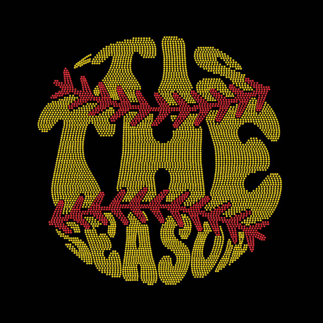 The Spangle Transfer - Softball Season (10 x 10.5) by DB Custom Creations features yellow dotted text forming a circle, crossed by red lines like stitching on a black background—ideal for creative fabric projects and heat press patches.