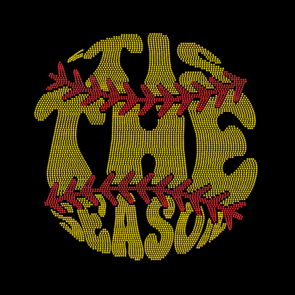 The Spangle Transfer - Softball Season (10 x 10.5) by DB Custom Creations features yellow dotted text forming a circle, crossed by red lines like stitching on a black background—ideal for creative fabric projects and heat press patches.