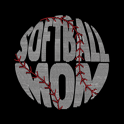 The DB Custom Creations Spangle Transfer - Softball Mom (10 x 10) features bold letters shaped like a softball with red stitching on a black background—ideal for custom heat press patches or spangle transfers.
