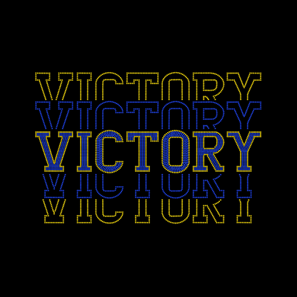 The Spangle Transfer - Victory (13 x 9) by DB Custom Creations features VICTORY in bold, outlined letters with yellow and blue dots, repeated three times with a reflection effect on black—perfect for fabric patches or spangle transfers.