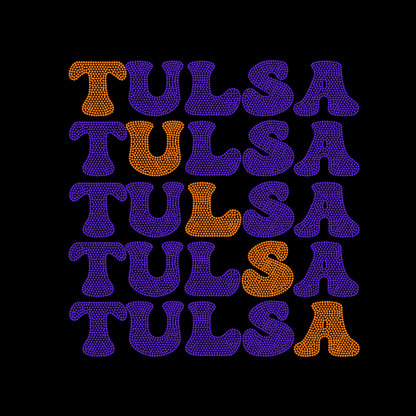 The DB Custom Creations Spangle Transfer - Tulsa (11 x 11) features bold, retro purple text spelling TULSA five times with a dotted texture; each row highlights a different letter in orange on black. Perfect for patches or transfers.
