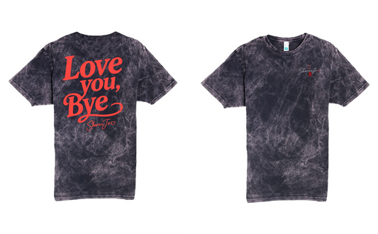 Front and back views of the Cloud Black Love you Bye t-shirt by DB Custom Creations: features a small red logo on the left chest and large “Love you, Bye” text with a signature in red on the back.