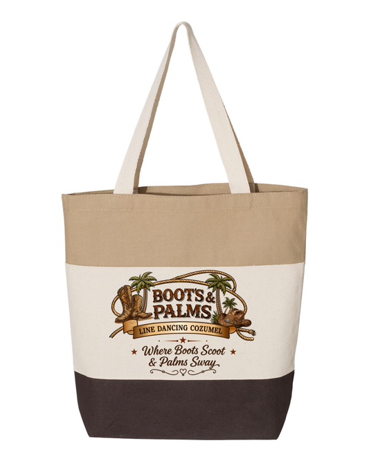 The DB Custom Creations Tote Bag Q125900 is a 15" beige, white, and brown tri-color tote featuring the Boots & Palms Line Dancing Cozumel logo, "Where Boots Scoot & Palms Sway," plus palm trees and cowboy boots—perfect for any occasion.